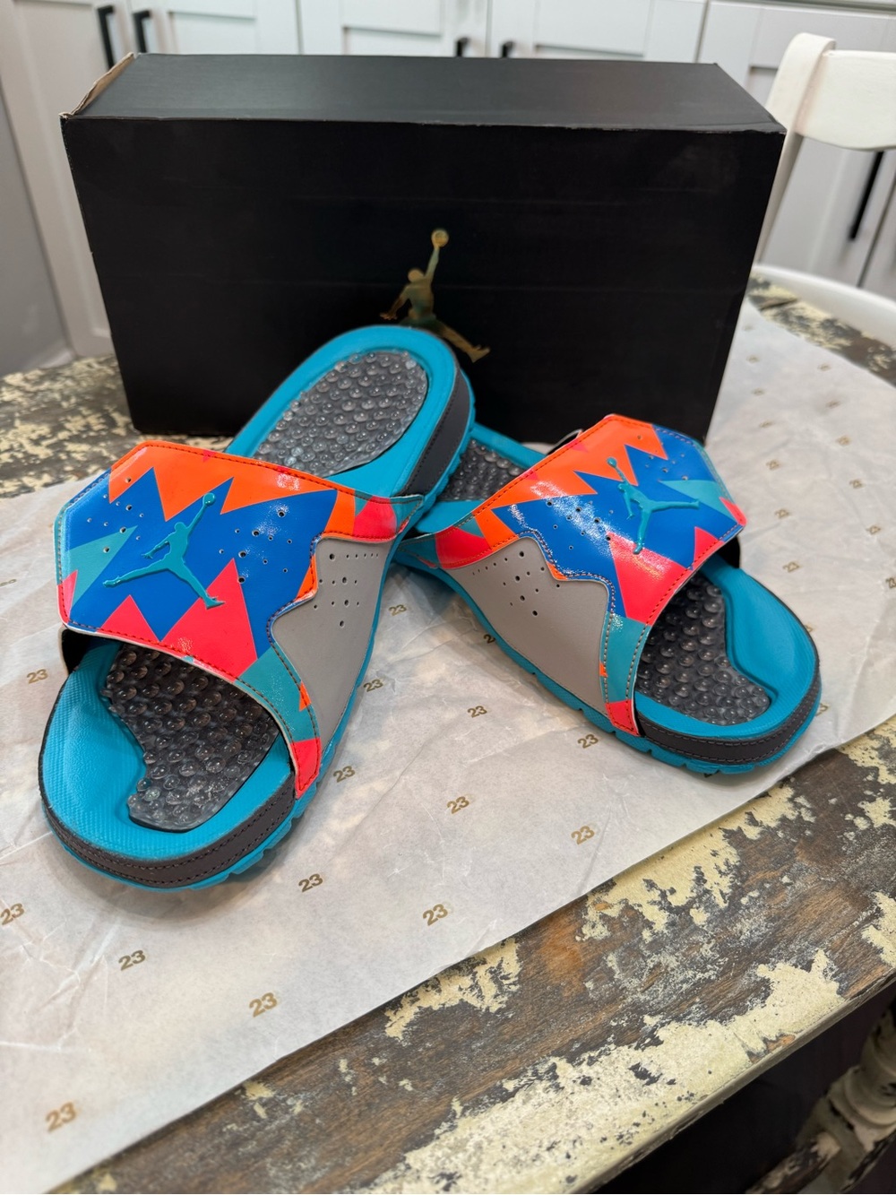 🔥RARE Jordan 7 Hydro Slides Retro Dark Wolf Gray/Turquoise-DS OG ALL🔥